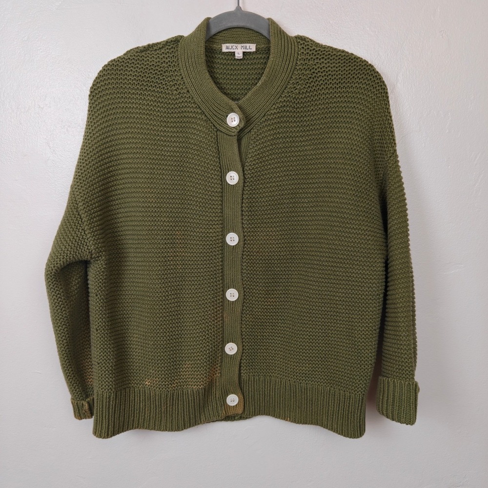 Alex Mill Nico Chunky Cardigan Womens Large Faded Olive Green Sweater FLAWED - Picture 2 of 9